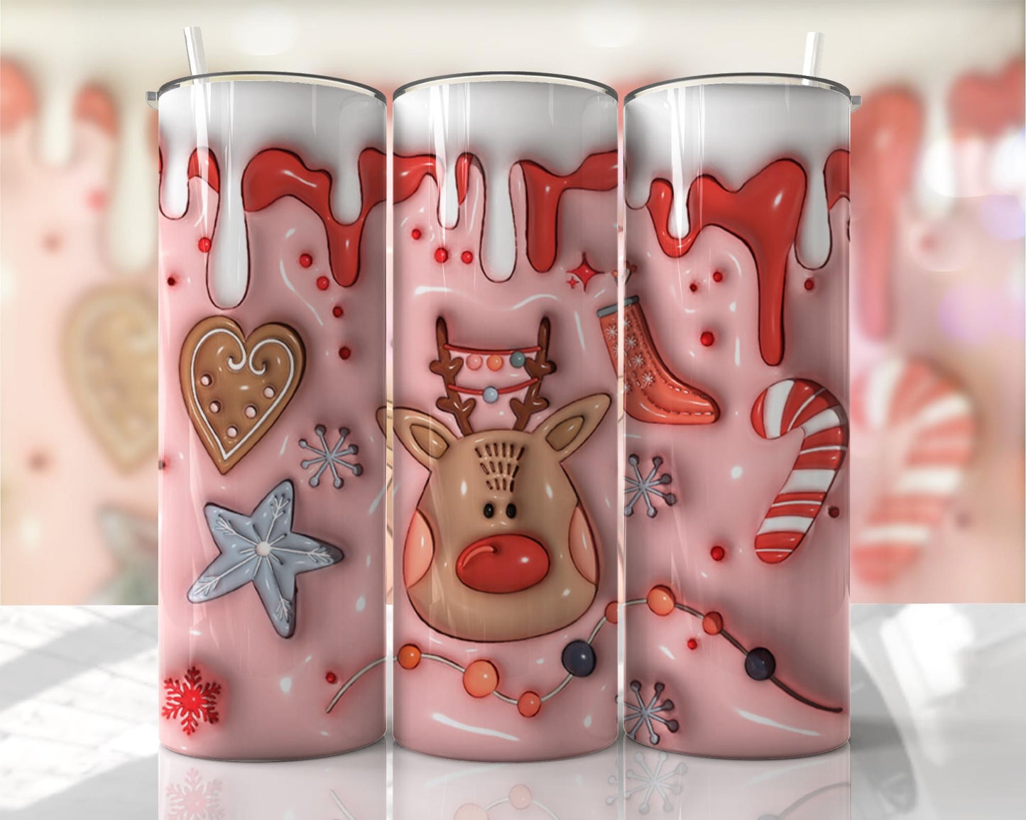 3D Puff Reindeer Christmas Drip ~ 20 oz or 30oz Skinny Tumblers w/ Lid and Metal Straw