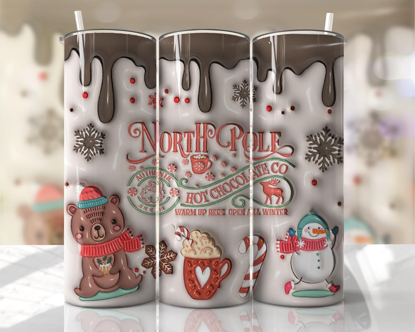 3D Puff North Pole Hot Chocolate ~ 20 oz or 30oz Skinny Tumblers w/ Lid and Metal Straw