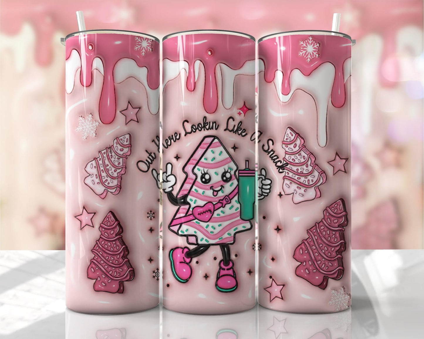 Out Here Looking Like A Snack - Christmas tree cake 3D Puff ~ 20 oz or 30oz Skinny Tumblers w/ Lid and Metal Straw