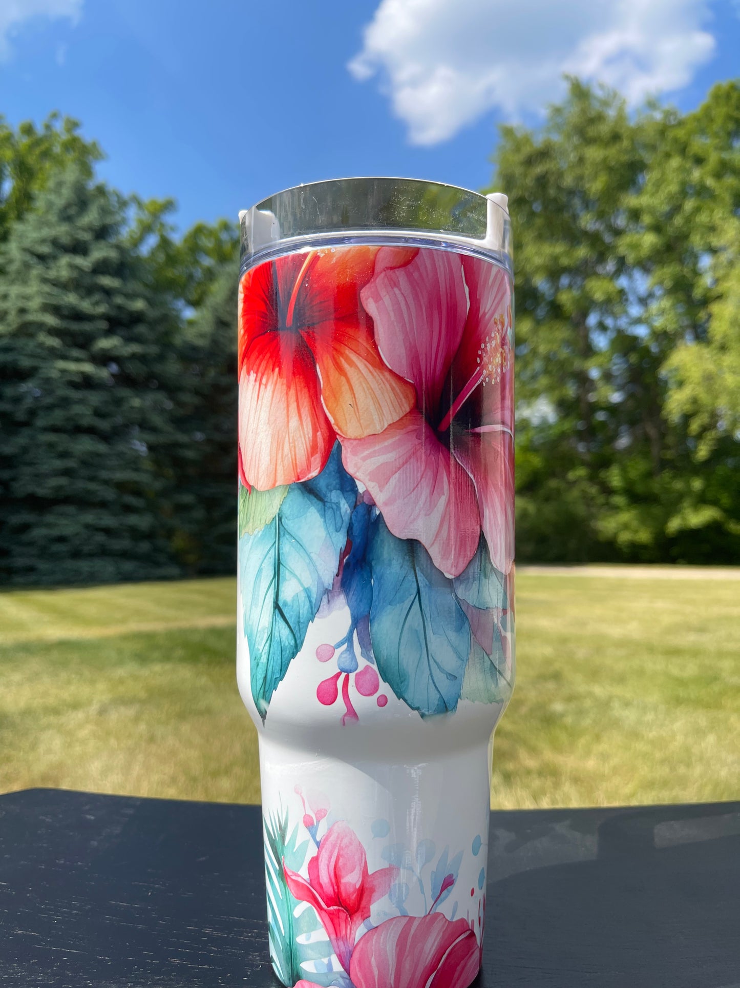 40oz - Tropical Hibiscus Flowers- His/Her Birthday Gift, Add custom name for free! Great Gift!
