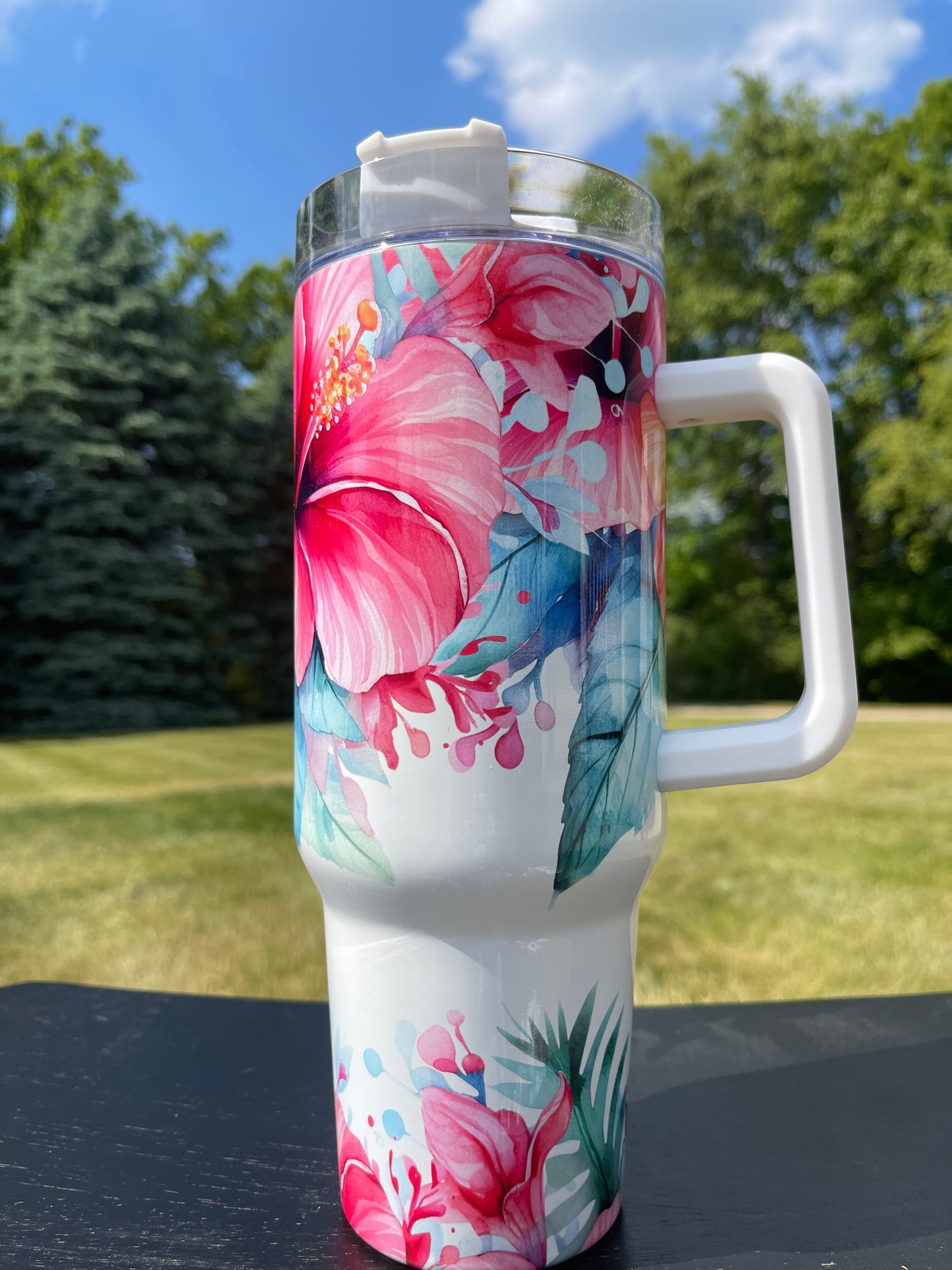 40oz - Tropical Hibiscus Flowers- His/Her Birthday Gift, Add custom name for free! Great Gift!