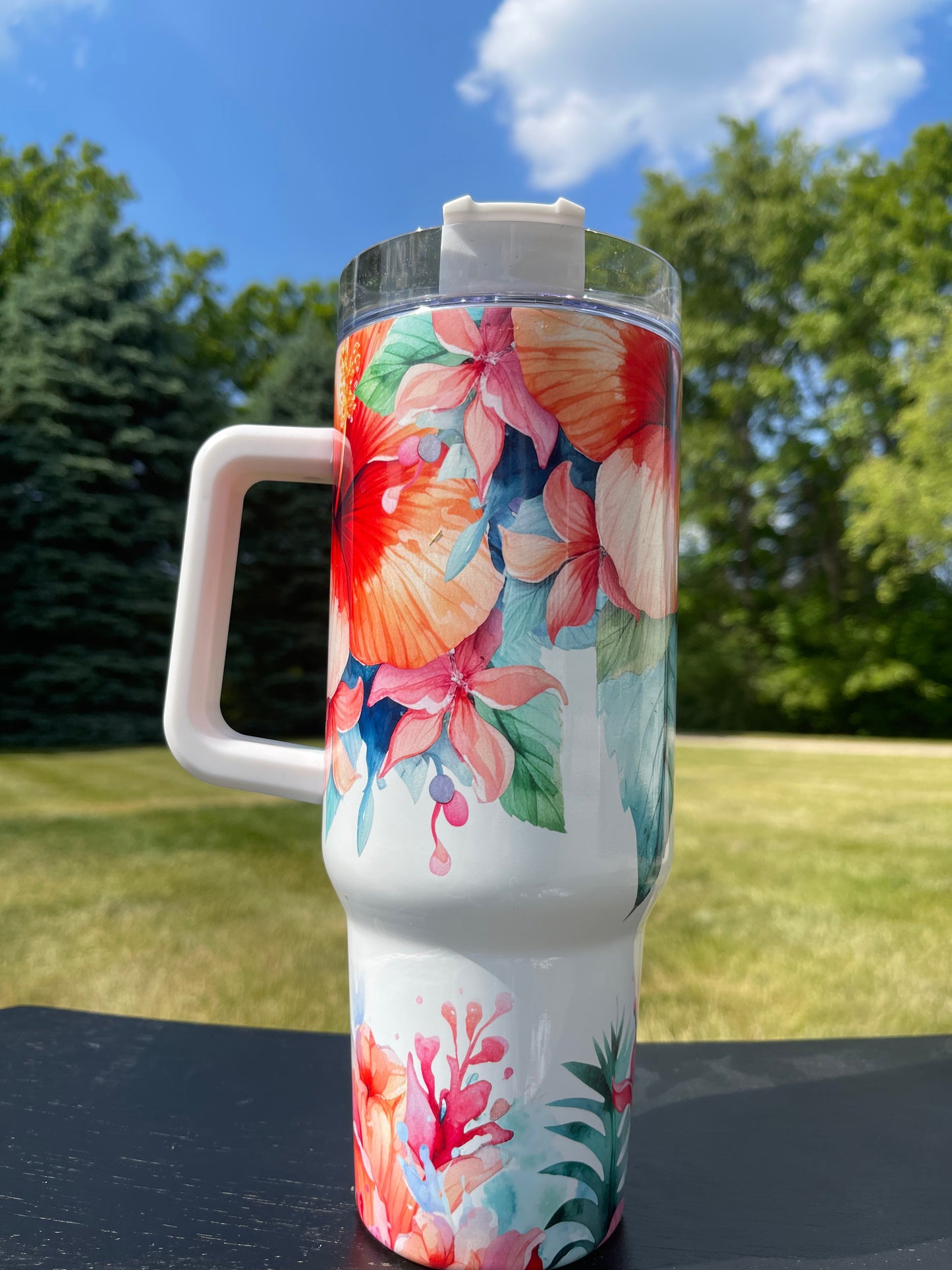 40oz - Tropical Hibiscus Flowers- His/Her Birthday Gift, Add custom name for free! Great Gift!