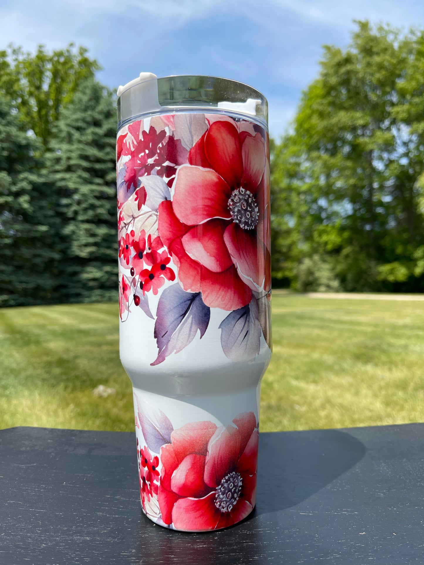 40oz Tumbler-Tropical reds Flowers - His/Her Birthday Gift, Add custom name for free! Great Gift!