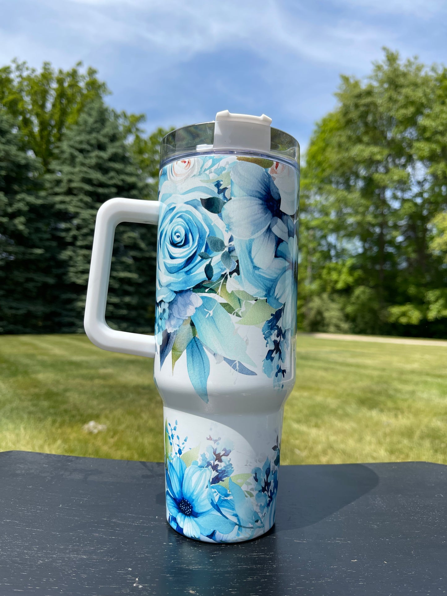 40oz Tumbler- Tropical Teal Flowers His/Her Birthday Gift, Add custom name for free! Great Gift!