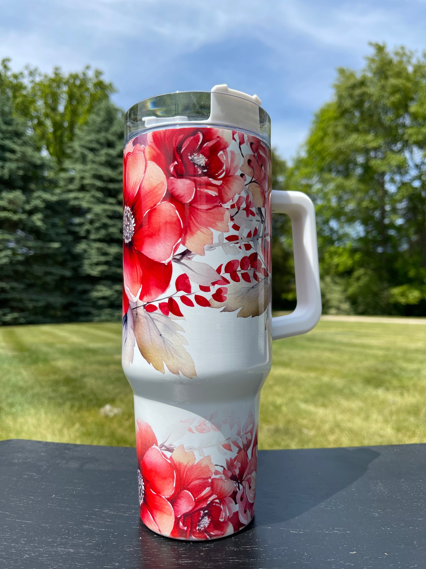 40oz Tumbler-Tropical reds Flowers - His/Her Birthday Gift, Add custom name for free! Great Gift!