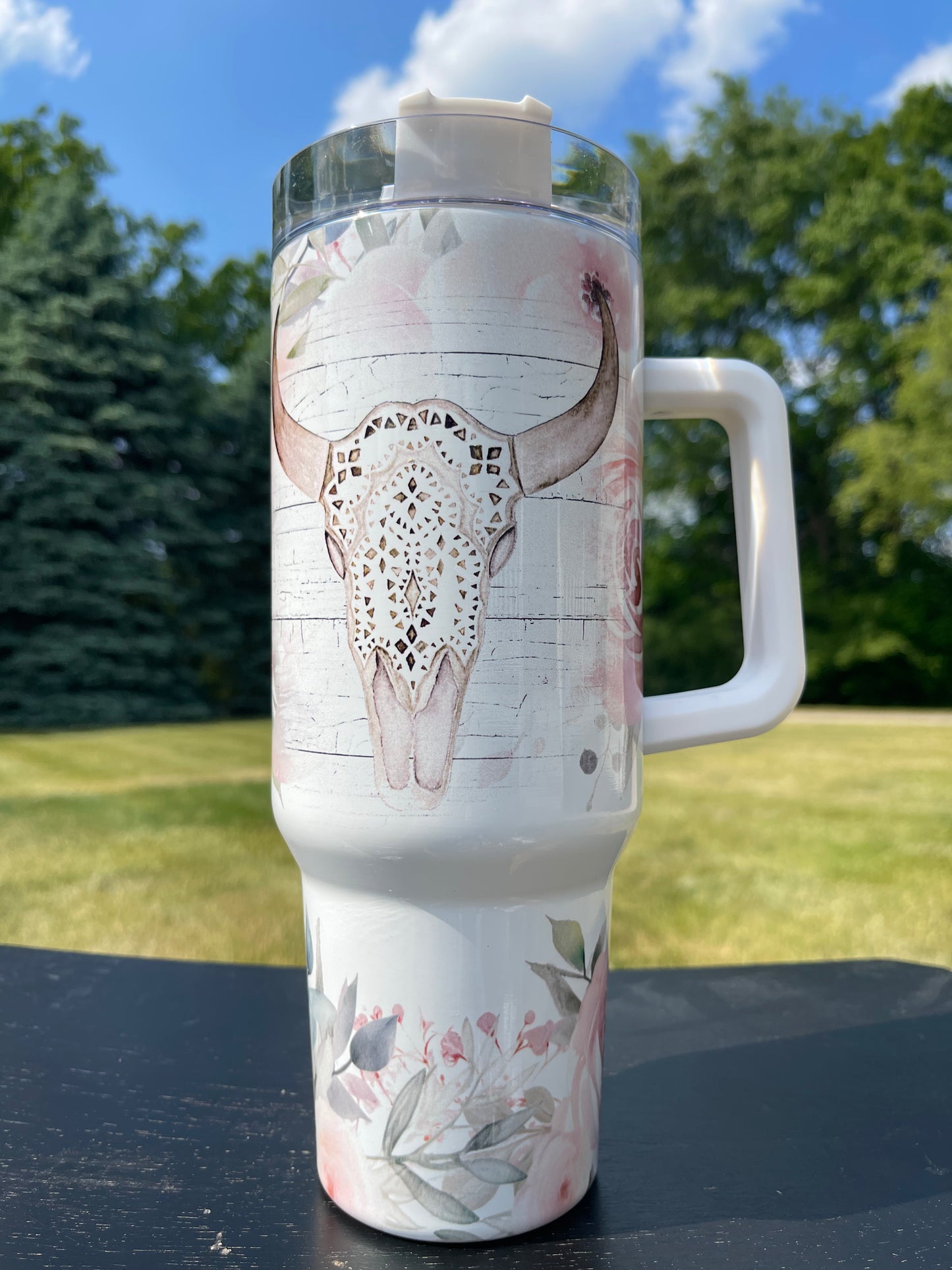 40oz Tumble Pink roses with Cow Skull - His/Her Birthday Gift, Add custom name for free! Great Gift!