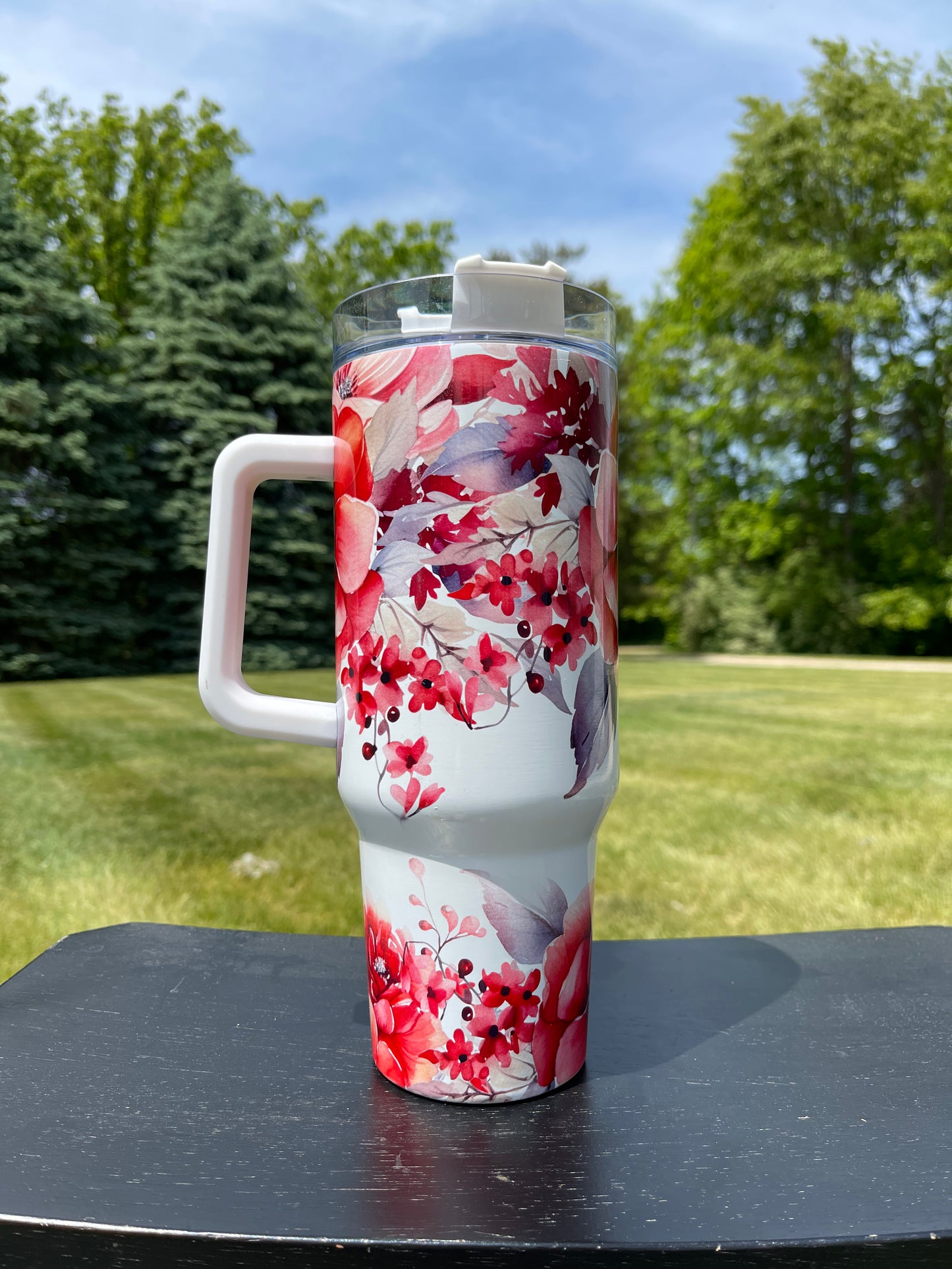 40oz Tumbler-Tropical reds Flowers - His/Her Birthday Gift, Add custom name for free! Great Gift!