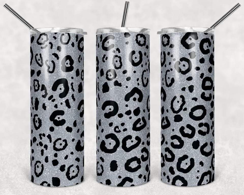 Silver Glitter Cheetah/Leopard Prints - 20oz or 30oz Skinny Tumblers w/ Lid and Metal Straw