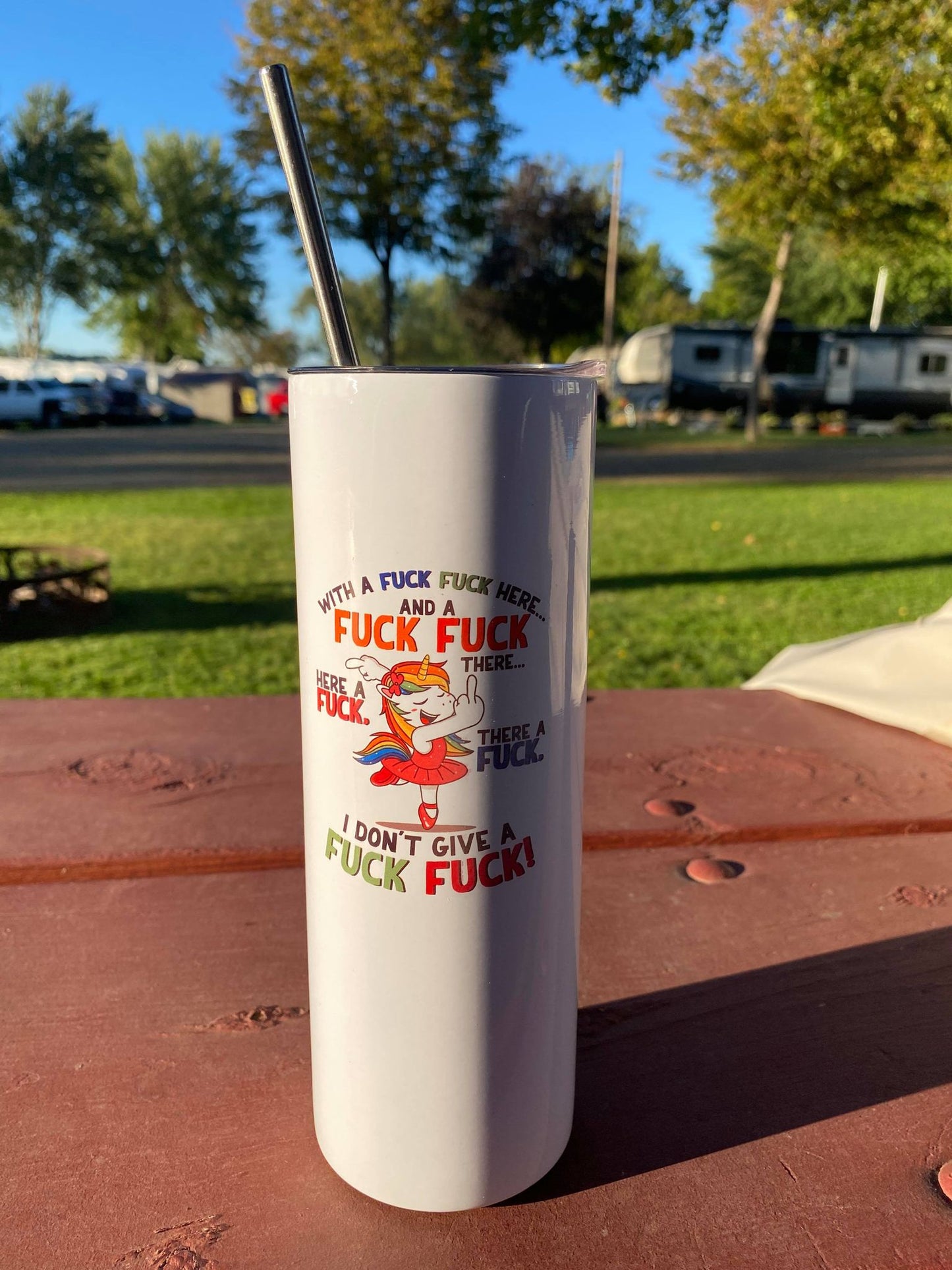 Fuck here and there Unicorn- Adult - 20 oz or 30oz Skinny Tumblers w/ Lid and Metal Straw