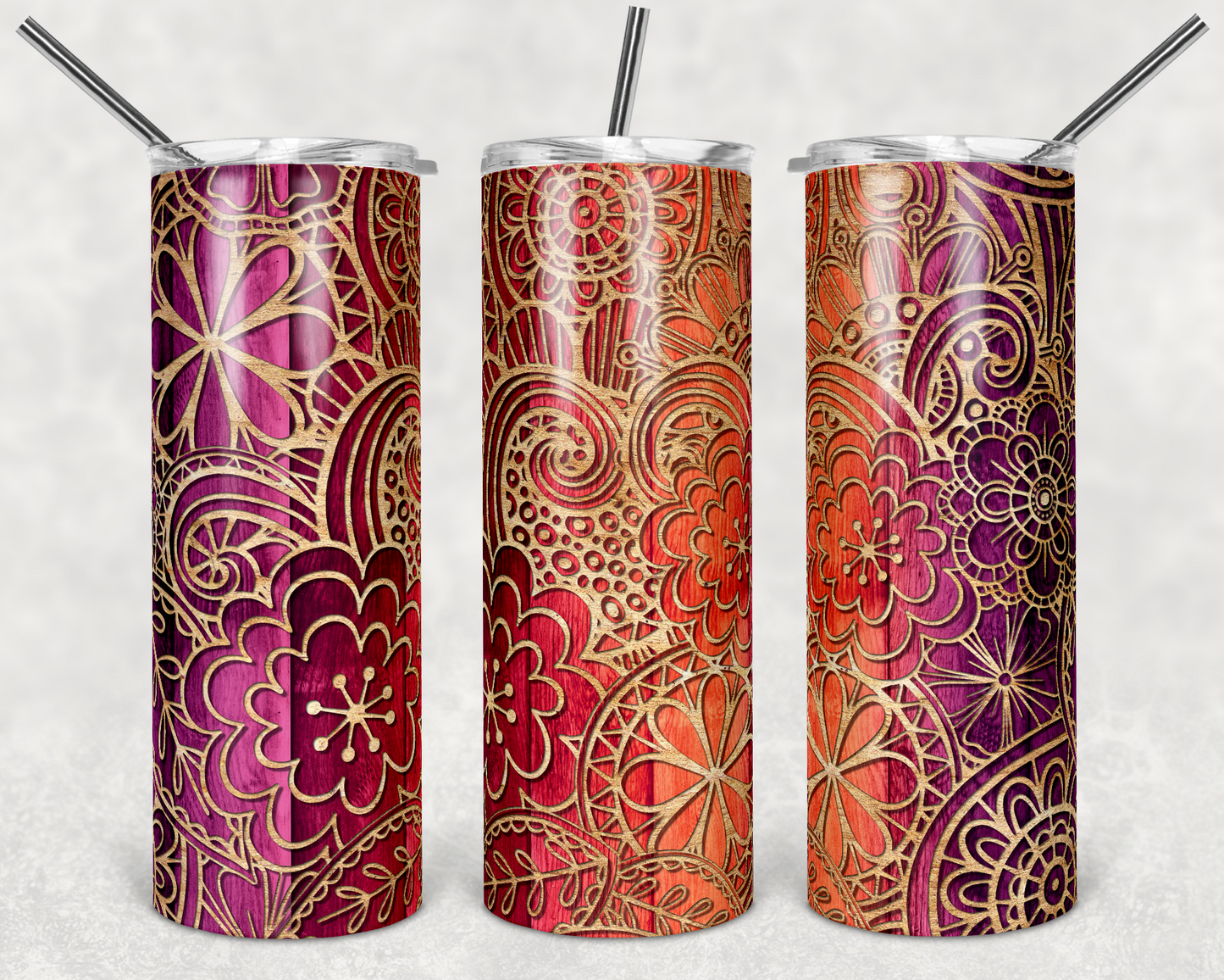 Wood Orange Red Flowers - 20oz or 30oz Skinny Tumblers w/ Lid and Metal Straw