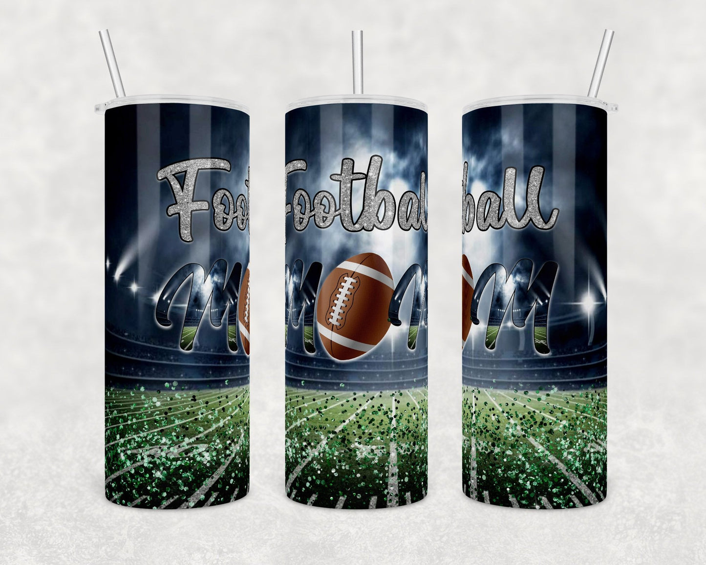 Glitter Football Mom - 20oz or 30oz Skinny Tumblers w/ Lid and Metal Straw