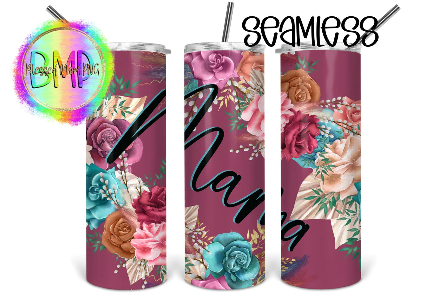 Mama Flowers - 20 oz or 30oz Skinny Tumblers w/ Lid and Metal Straw