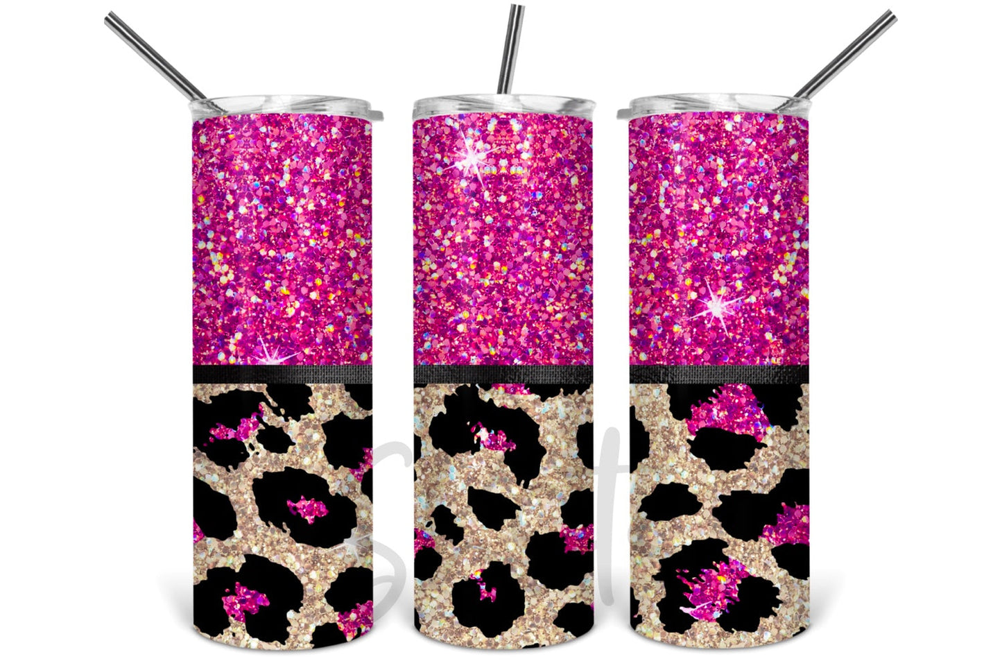 Pink Glitter with Cheetah Bottom - 20 oz or 30oz Skinny Tumblers w/ Lid and Metal Straw