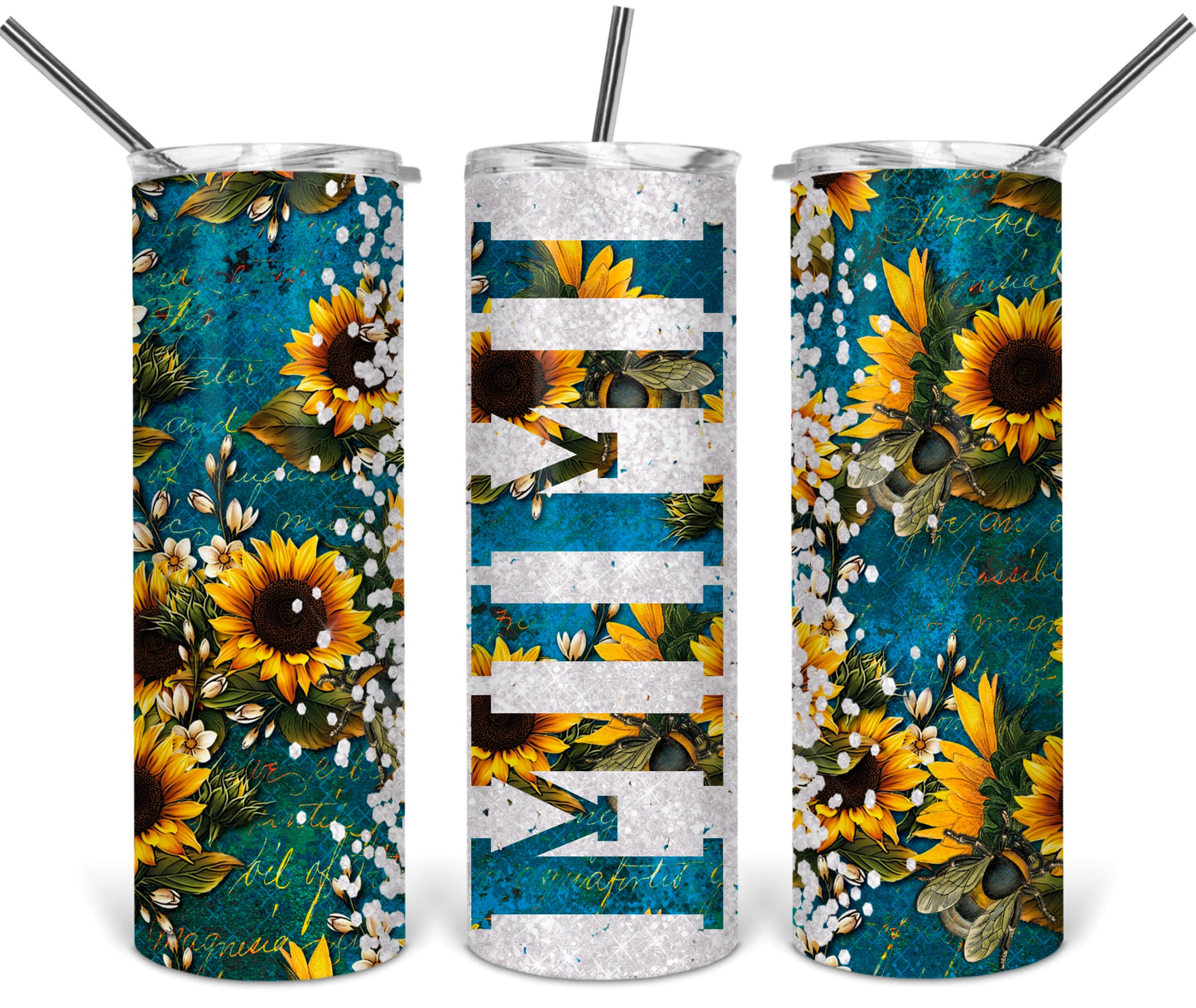 Teal Glitter Sunflower MiMi Grandma - 20 oz or 30oz Skinny Tumblers w/ Lid and Metal Straw