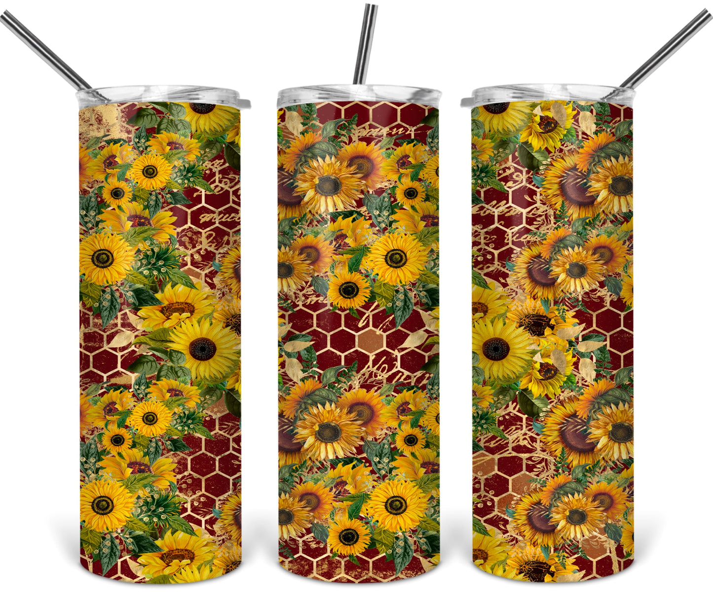 Sunflowers Burgundy Beehive - 20 oz or 30oz Skinny Tumblers w/ Lid and Metal Straw