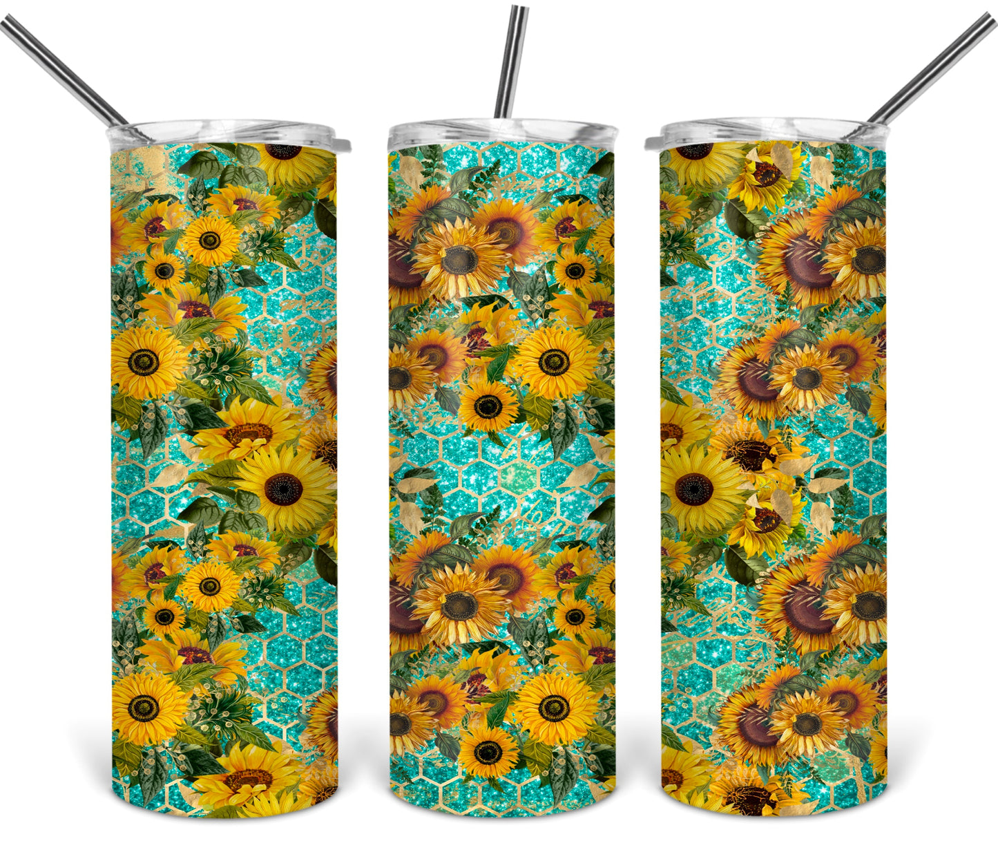 Sunflowers Teal Glitter Beehive - 20 oz or 30oz Skinny Tumblers w/ Lid and Metal Straw