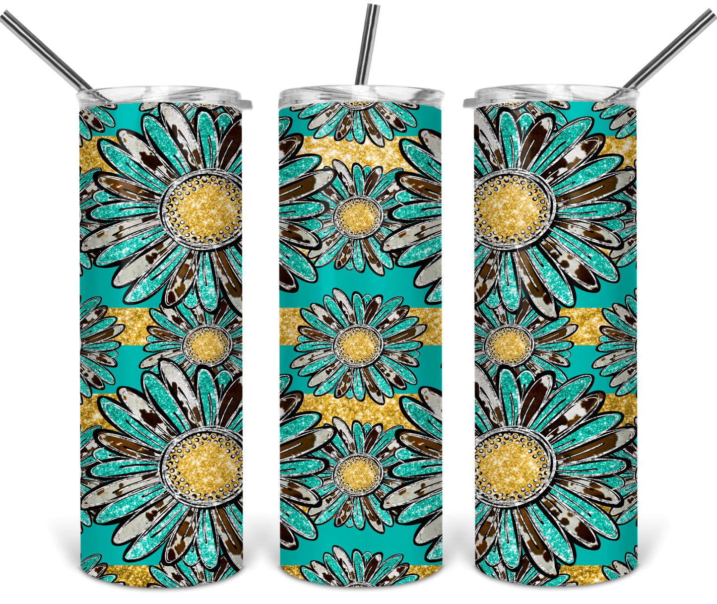 Teal and Yellow Daisies - 20 oz or 30oz Skinny Tumblers w/ Lid and Metal Straw
