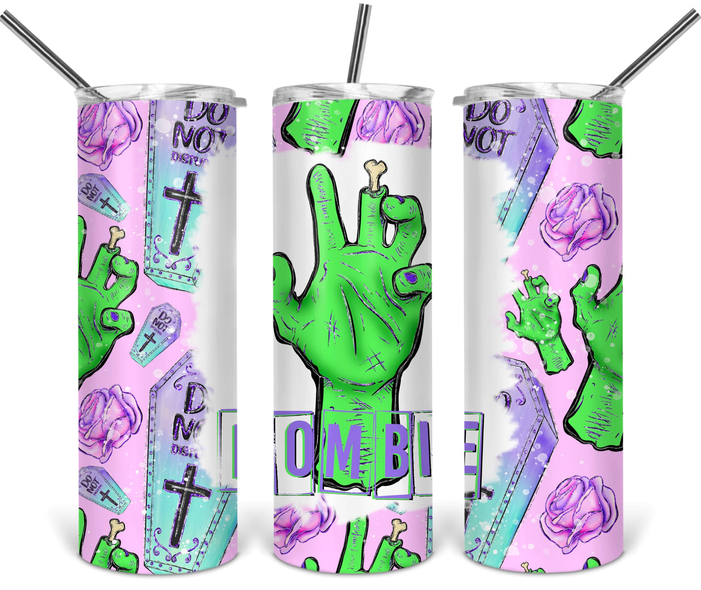 Halloween Coffin Frankenstien Hand Pink - 20 oz or 30oz Skinny Tumblers w/ Lid and Metal Straw