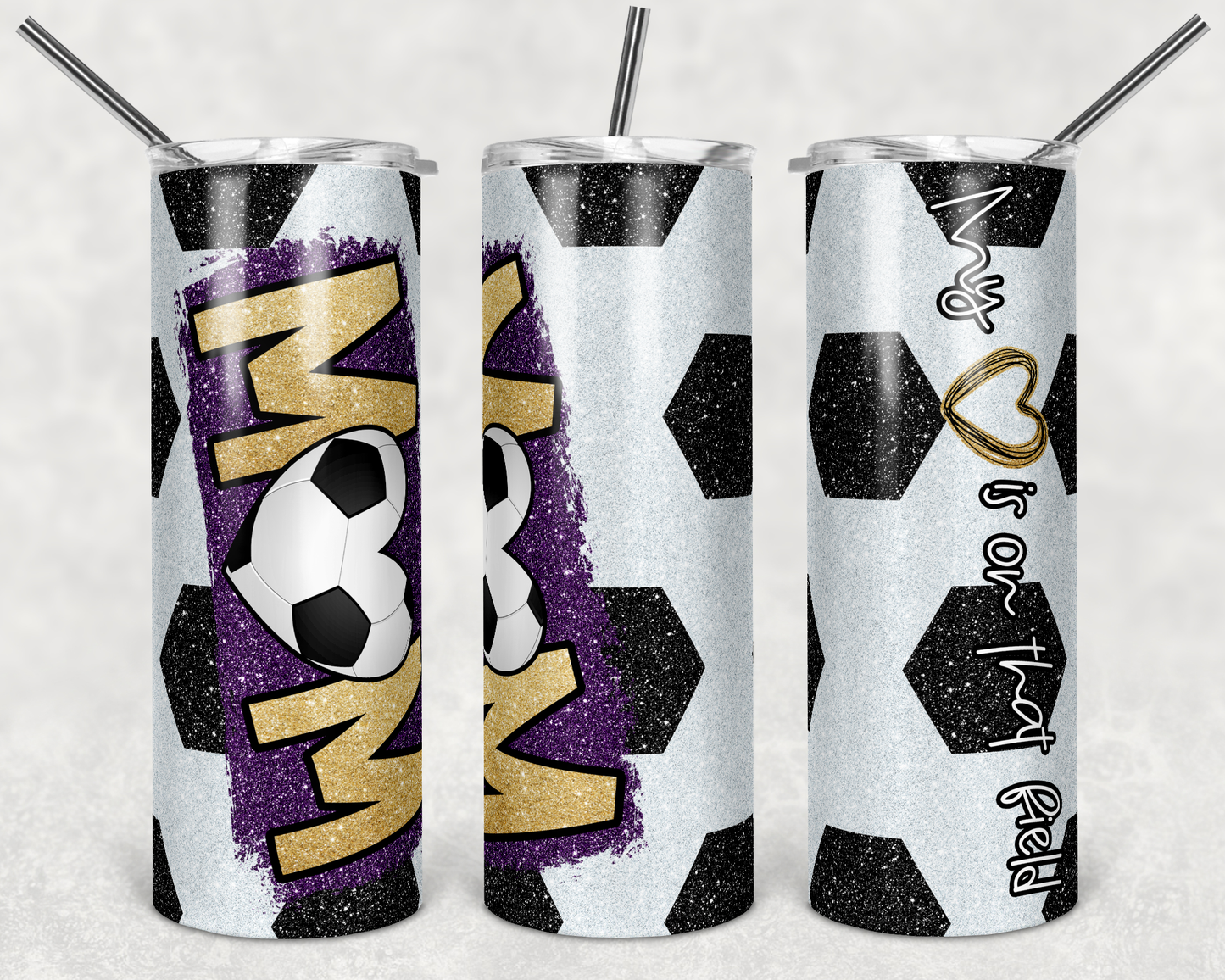 Soccer Mom Gold & Purple - 20oz or 30oz Skinny Tumblers w/ Lid and Metal Straw