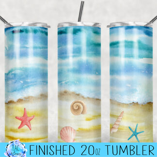 Watercolor Beach -20 oz Skinny Tumblers w/Lid and Metal Straw