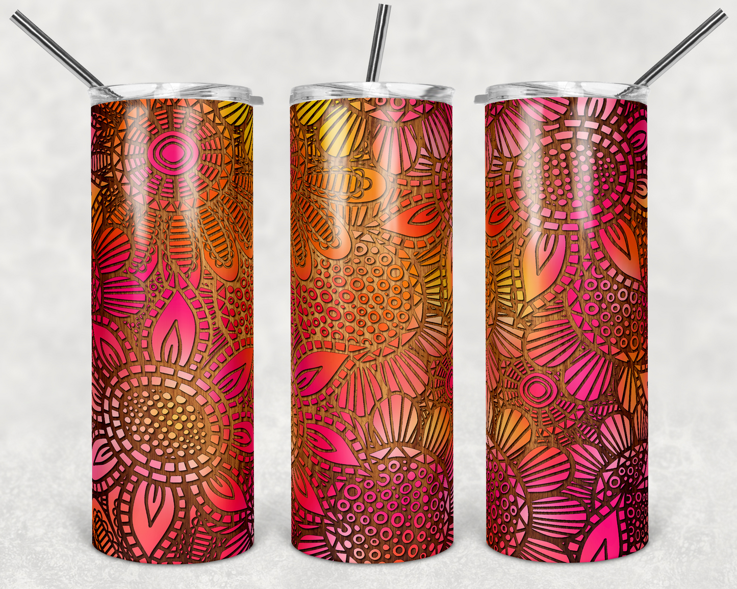 Wood Orange Pink Flowers - 20oz or 30oz Skinny Tumblers w/ Lid and Metal Straw