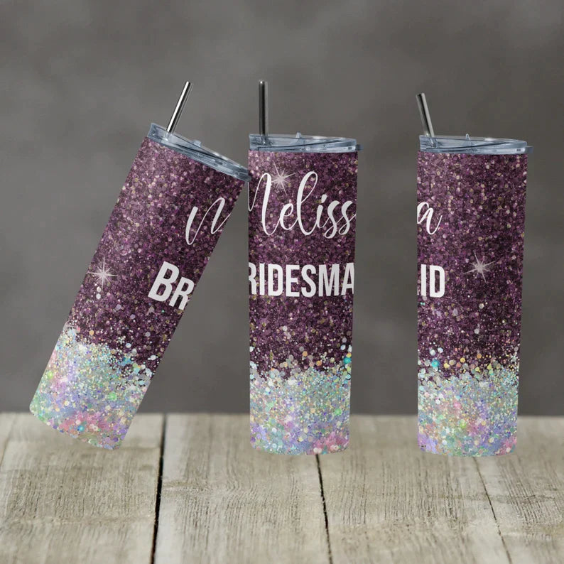 Wedding Bridesmaid - 20oz or 30oz Skinny Tumblers w/ Lid and Metal Straw