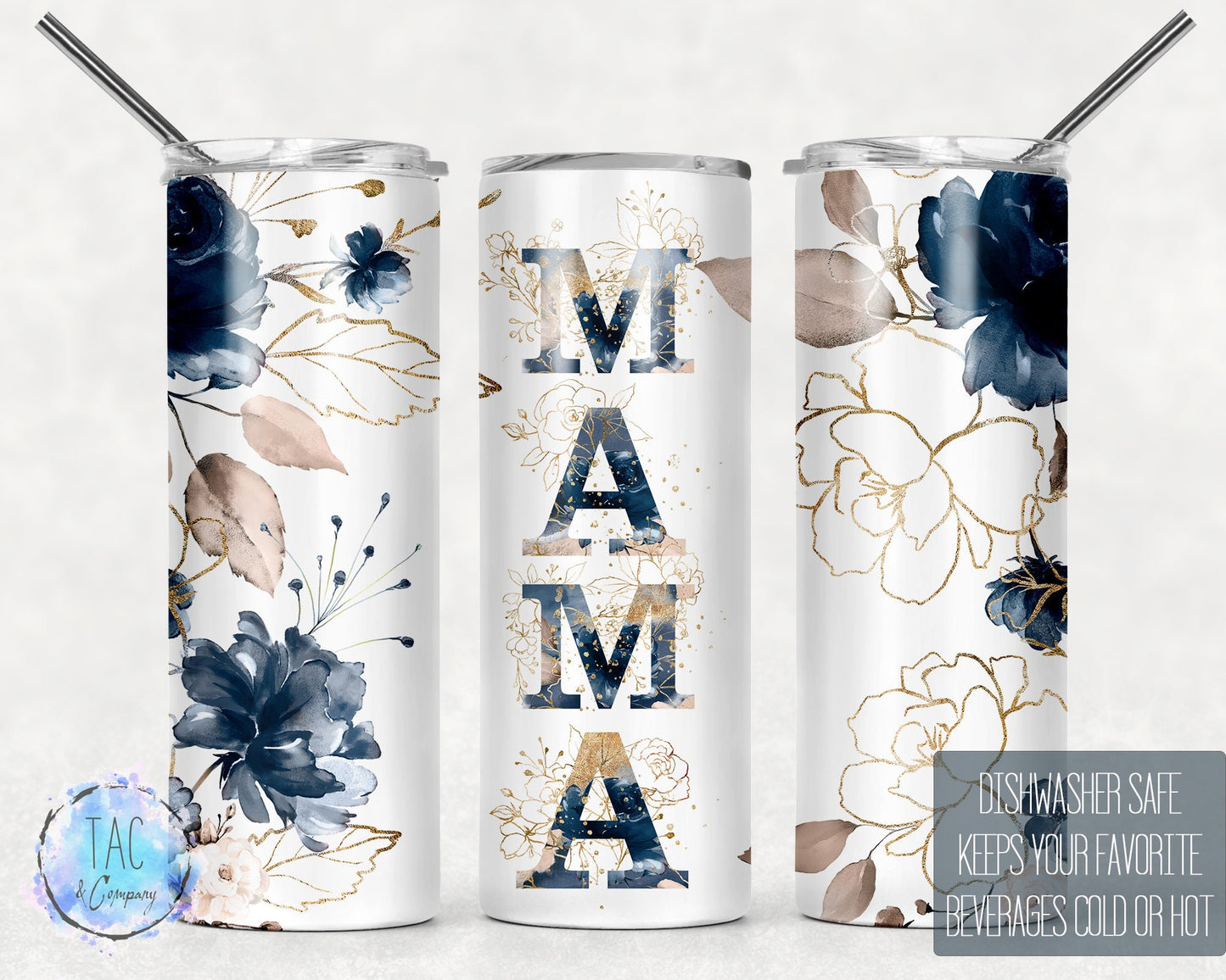 Mama Flowers, Blue and Gold Flowers witth Mom, Mothers Day, 20 oz Tumbler Wrap, Gift for Her, Travel Mom Mug