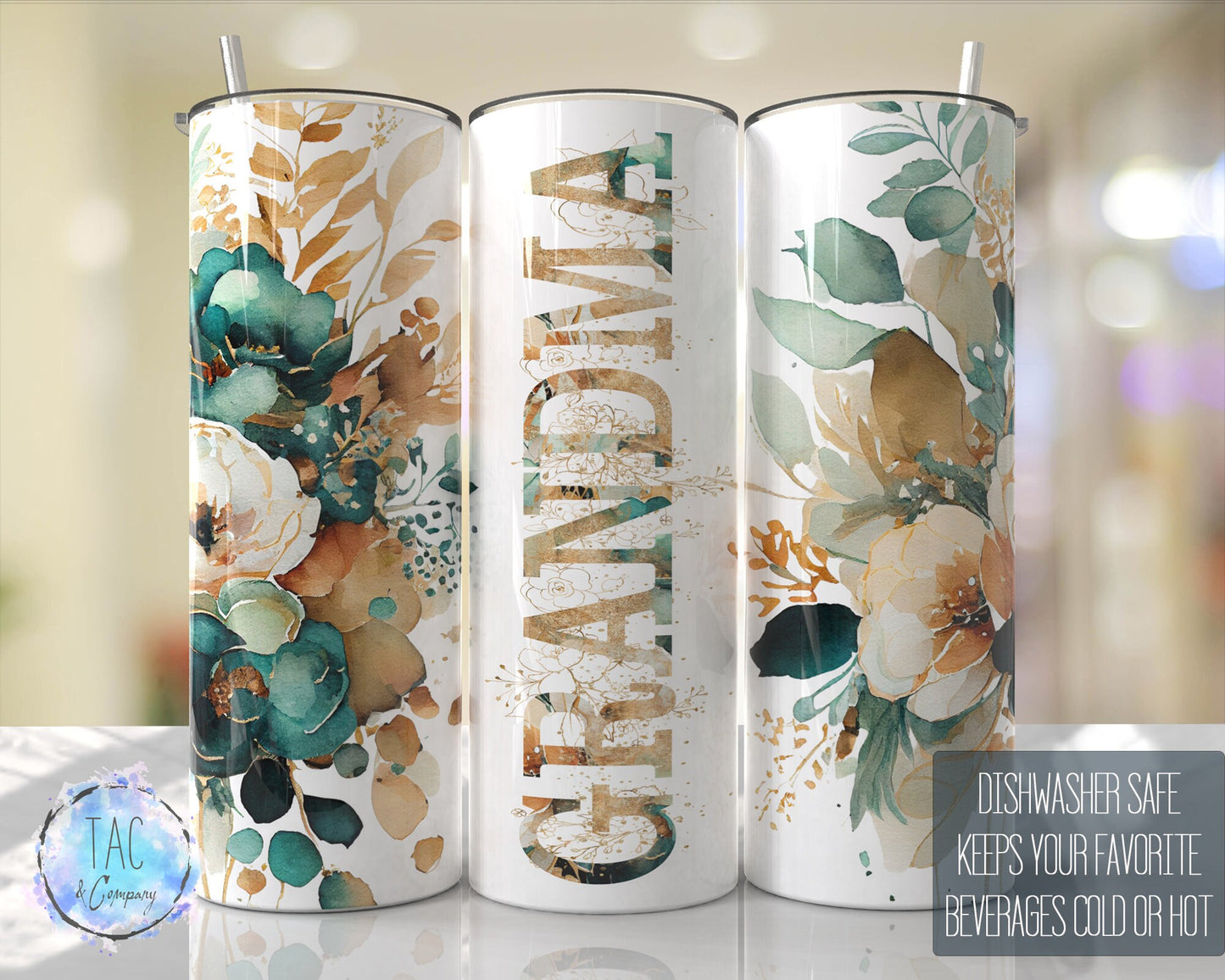 GRANDMA Tumbler Emerald Green Gold Floral Seamless Gift for her, Mothers Day Travel Tumbler- Skinny 20oz Tumbler