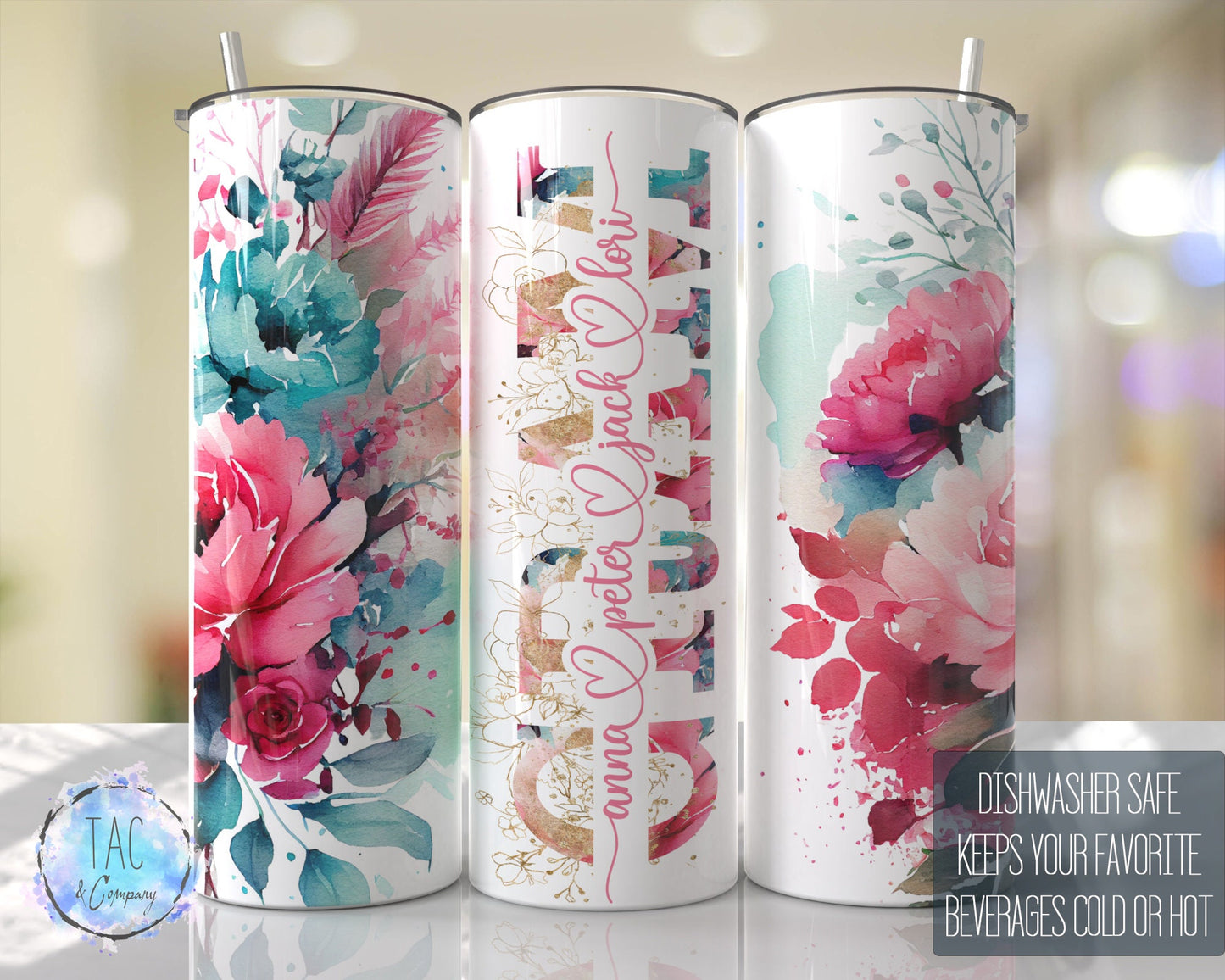 GRAM Split For Children Names, Aqua Blue and Pinks Seamless Floral Tumbler Seamless Gift for her, Travel Tumbler