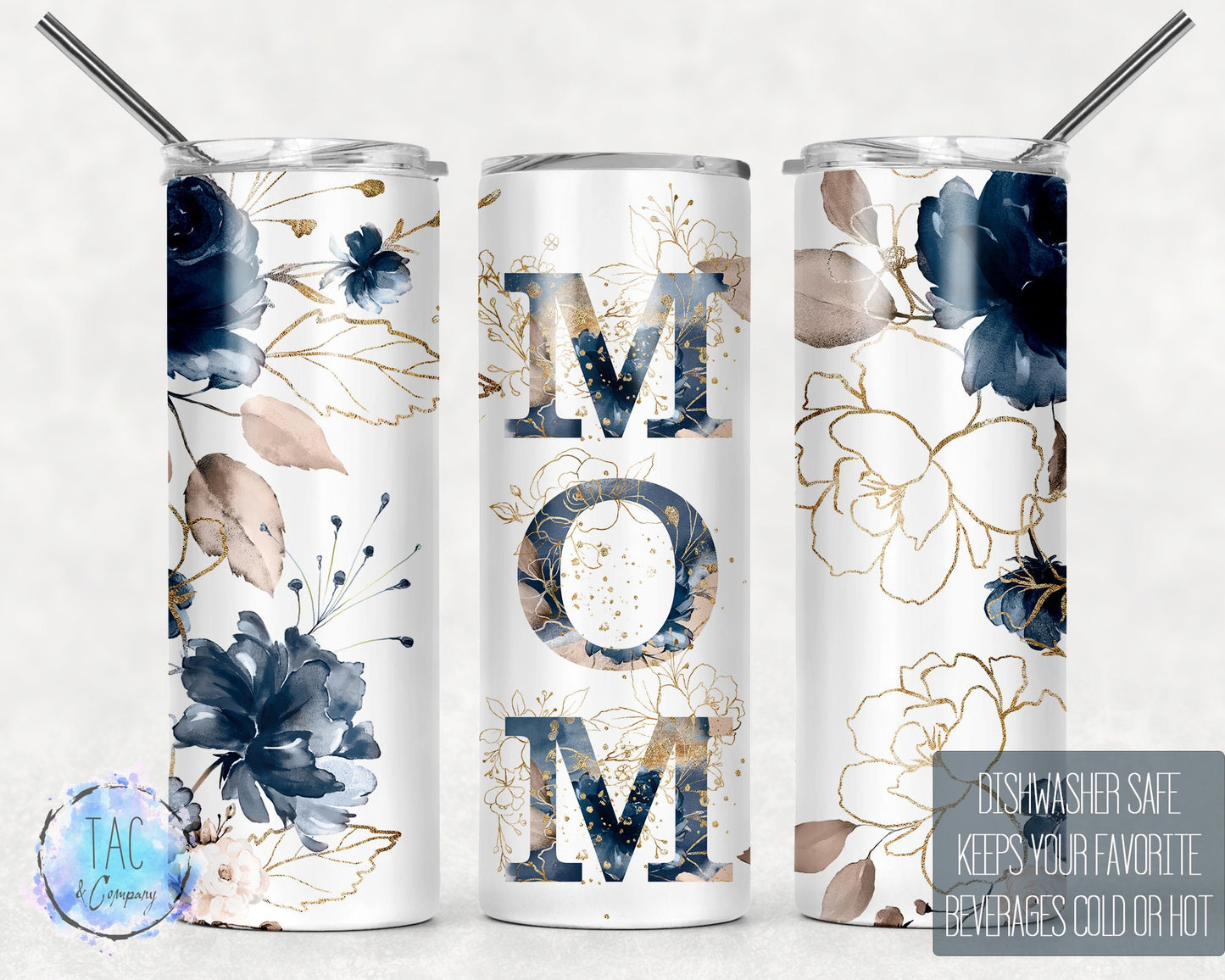 Mom Travel Mug Blue and Gold Flowers witth Mom, Mothers Day, Skinny Tumbler