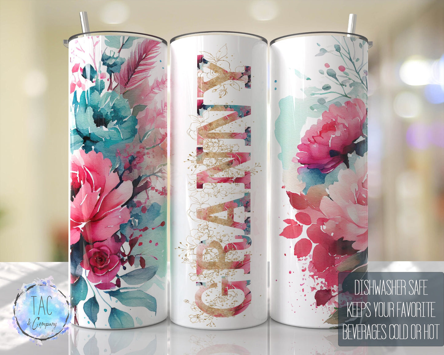 GRANNY Aqua Blue Floral Seamless Floral Tumbler Seamless Gift for her, Mothers Day Travel Tumbler- Skinny 20oz Tumbler