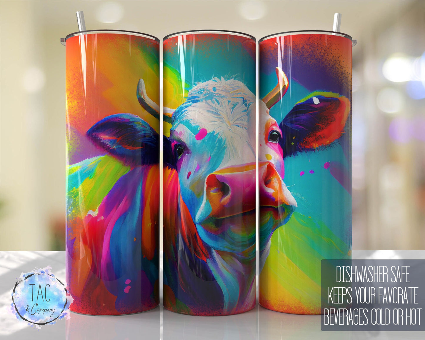 Bright Neon Cow Watercolor Seamless Tumbler