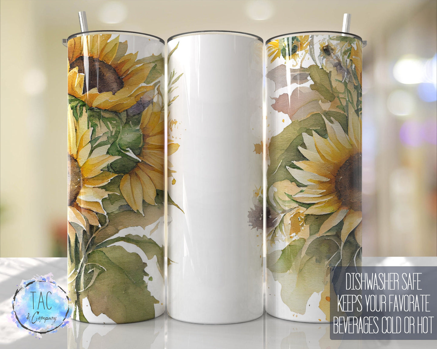 Sunflower Tumbler Wrap with Name, Add Your Own Text Seamless Gift for her, Travel Tumbler- Skinny 20oz Tumbler
