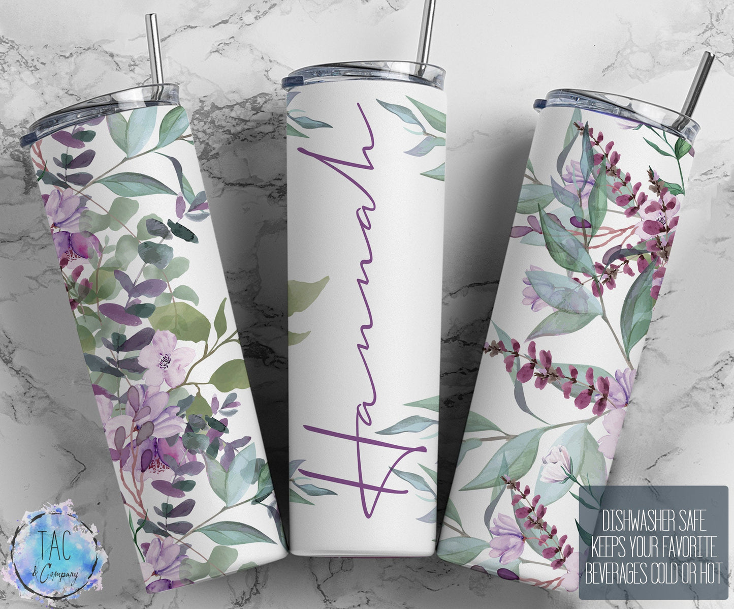 Floral Tumbler Wrap Add Your Own Name Purple Flowers, Seamless Gift for her, Travel Tumbler- Skinny 20oz Tumbler