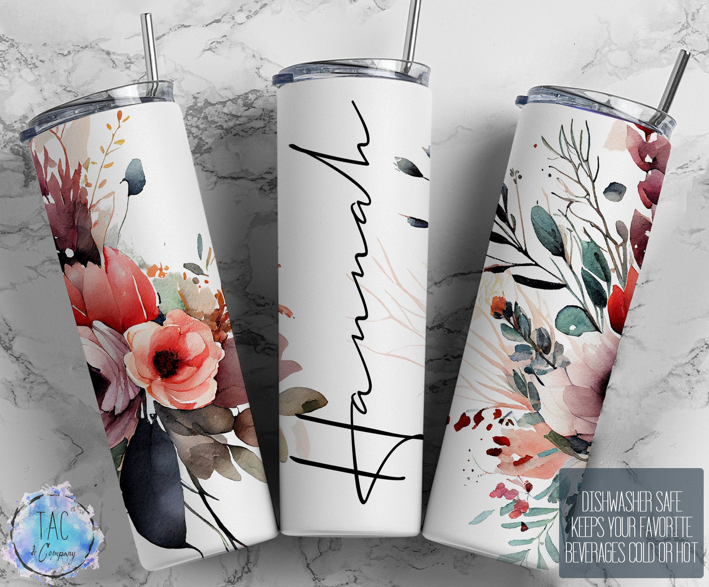 Floral Tumbler, Add Your Own Name Colorful Boho Flowers, Seamless Gift for her, Travel Tumbler- Skinny 20oz Tumbler