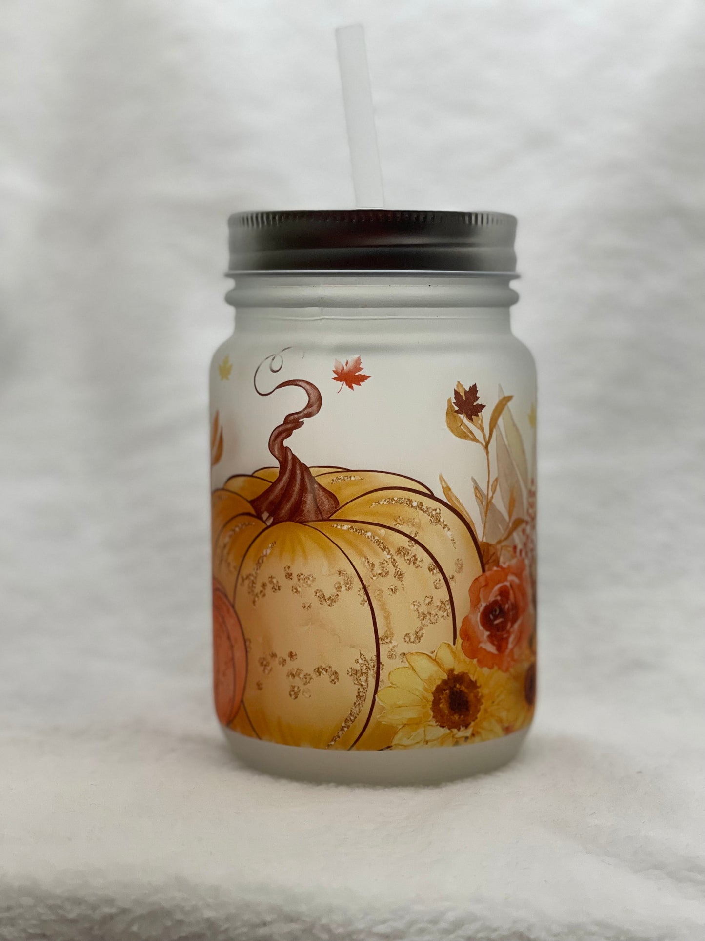 Frosted Mason Jar with lid and straw - Pumpkin Fall
