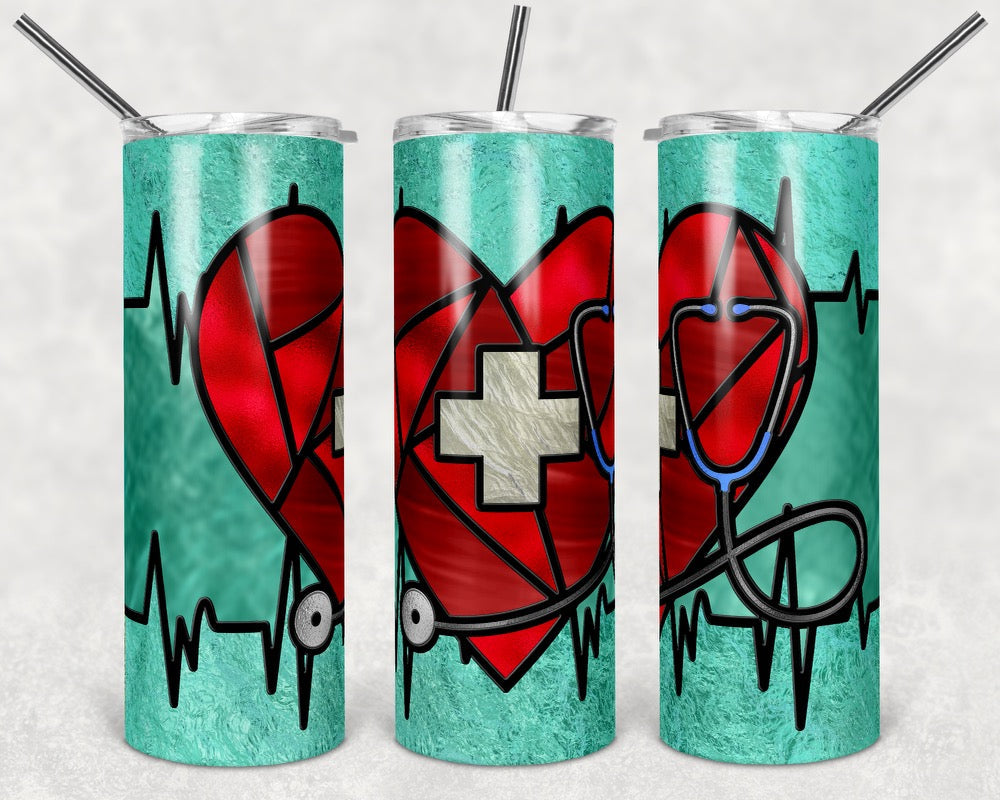 Heart Stained Glass Nurse- 20oz or 30oz Skinny Tumblers w/ Lid and Metal Straw