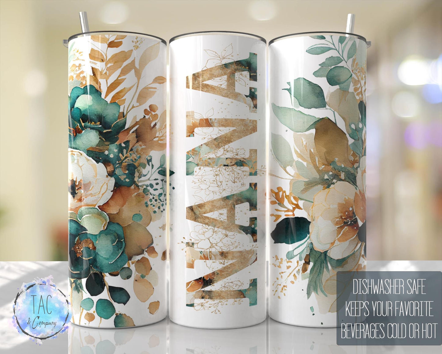 Nana Emerald Floral -20oz or 30oz Skinny Tumblers w/ Lid and Metal Straw