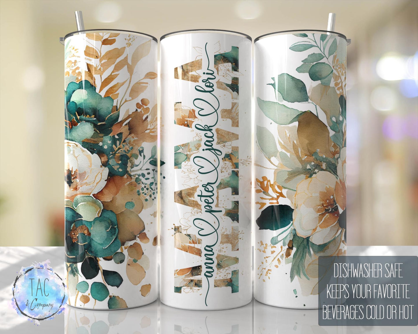 Mama Split Emerald Floral -20oz or 30oz Skinny Tumblers w/ Lid and Metal Straw