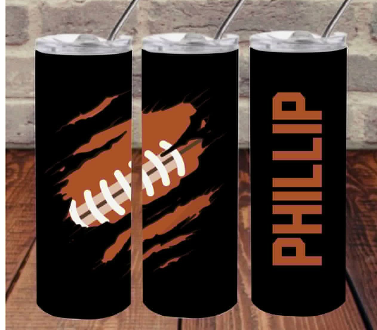 Black w/ Football custom- 20 oz or 30oz Skinny Tumblers w/ Lid and Metal Straw
