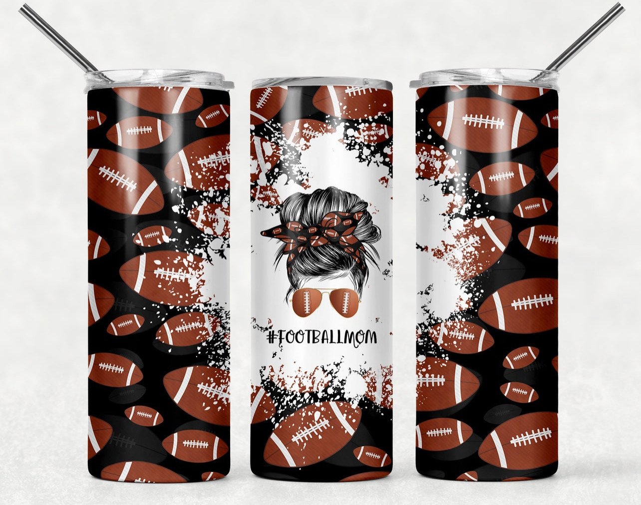 Football Mom- 20oz or 30oz Skinny Tumblers w/ Lid and Metal Straw