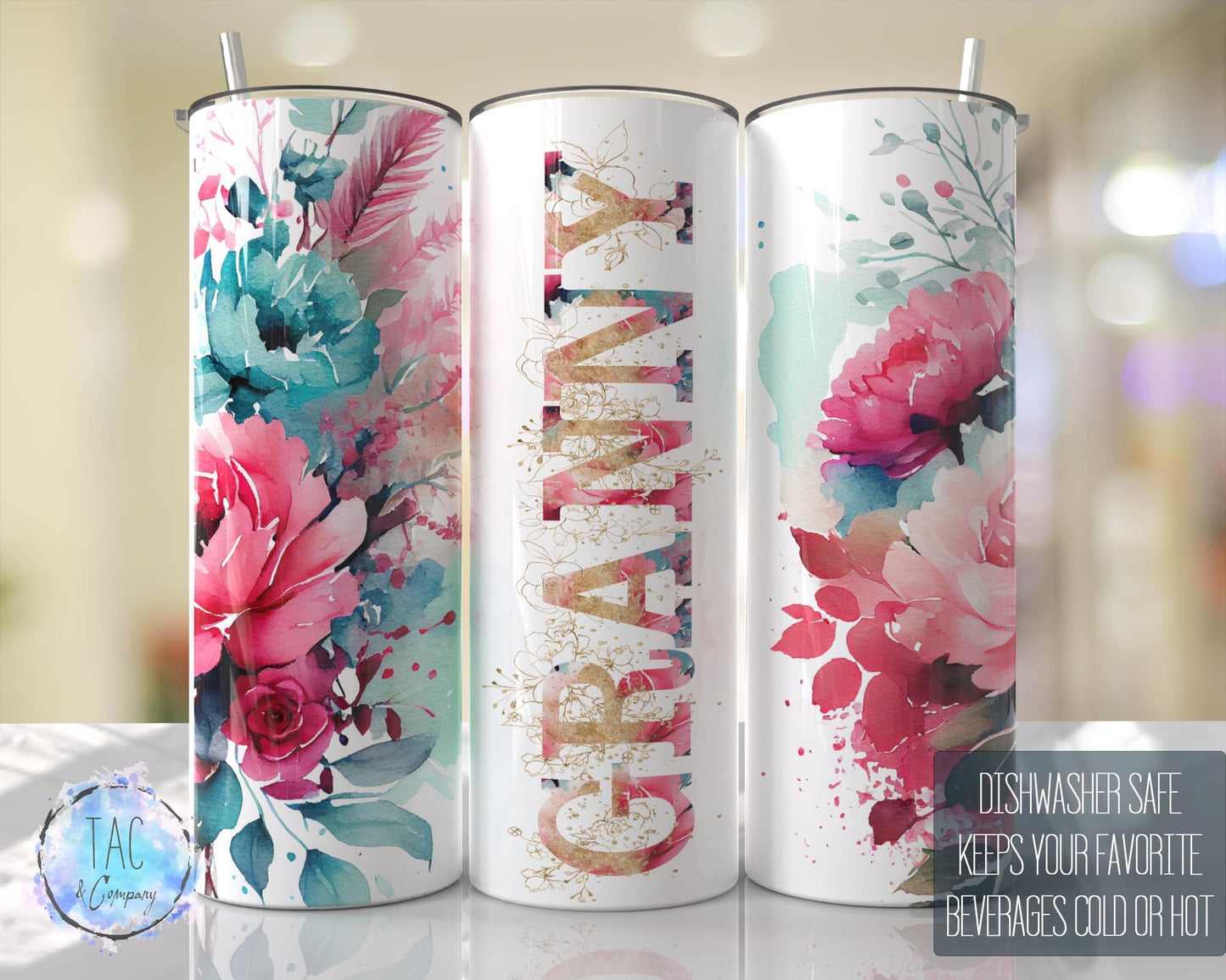 Granny Hot Pink Floral Full Wrap -20oz or 30oz Skinny Tumblers w/ Lid and Metal Straw