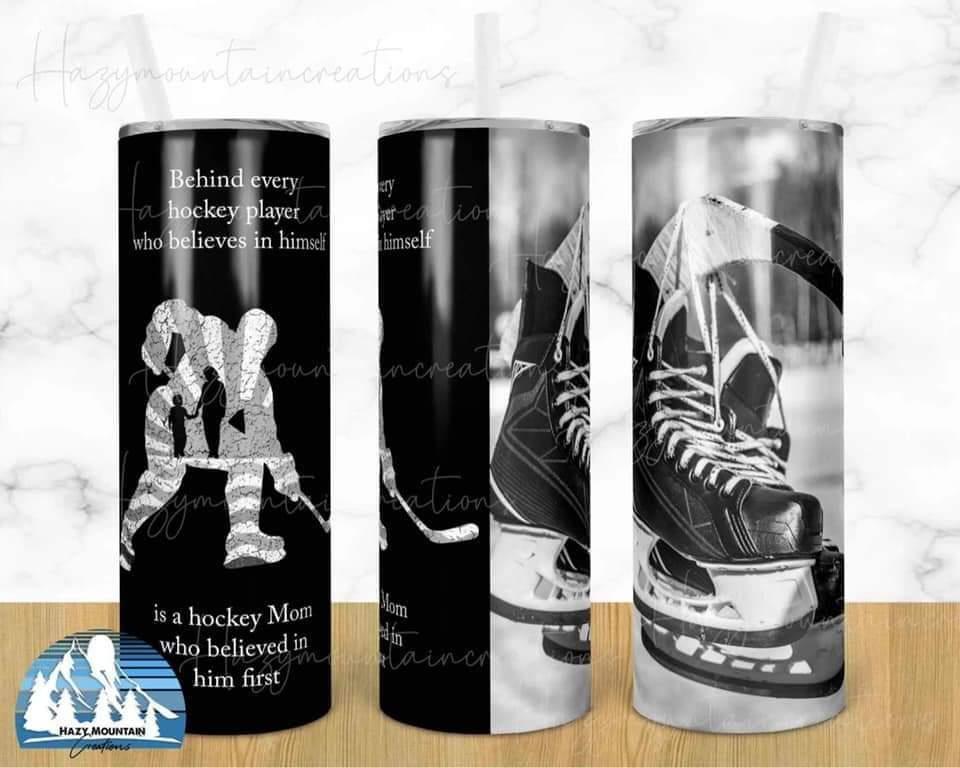 Behind Every Hockey Player- 20 oz Skinny Tumblers w/ Lid and Metal Straw