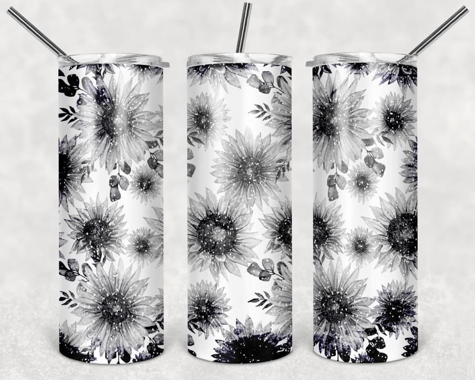 Black & White Sunflowers- 20oz or 30oz Skinny Tumblers w/ Lid and Metal Straw