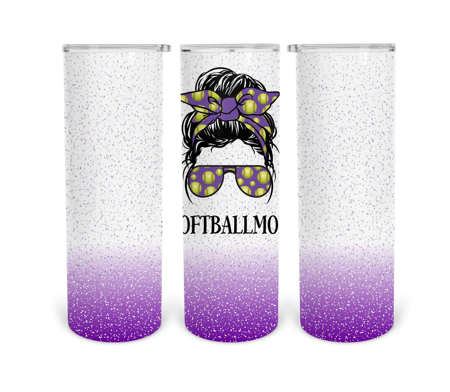 Purple Glitter Softball Mom- 20oz or 30oz Skinny Tumblers w/ Lid and Metal Straw