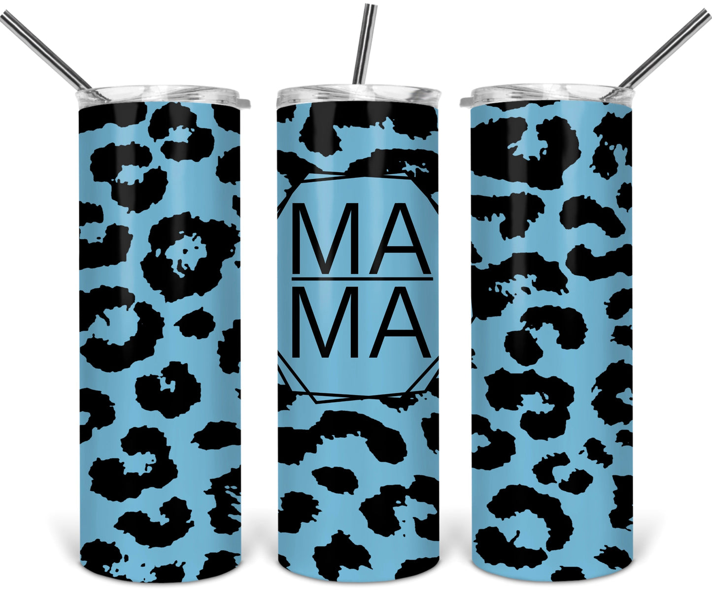 Leopard Blue MaMa - 20oz or 30oz Skinny Tumblers w/ Lid and Metal Straw