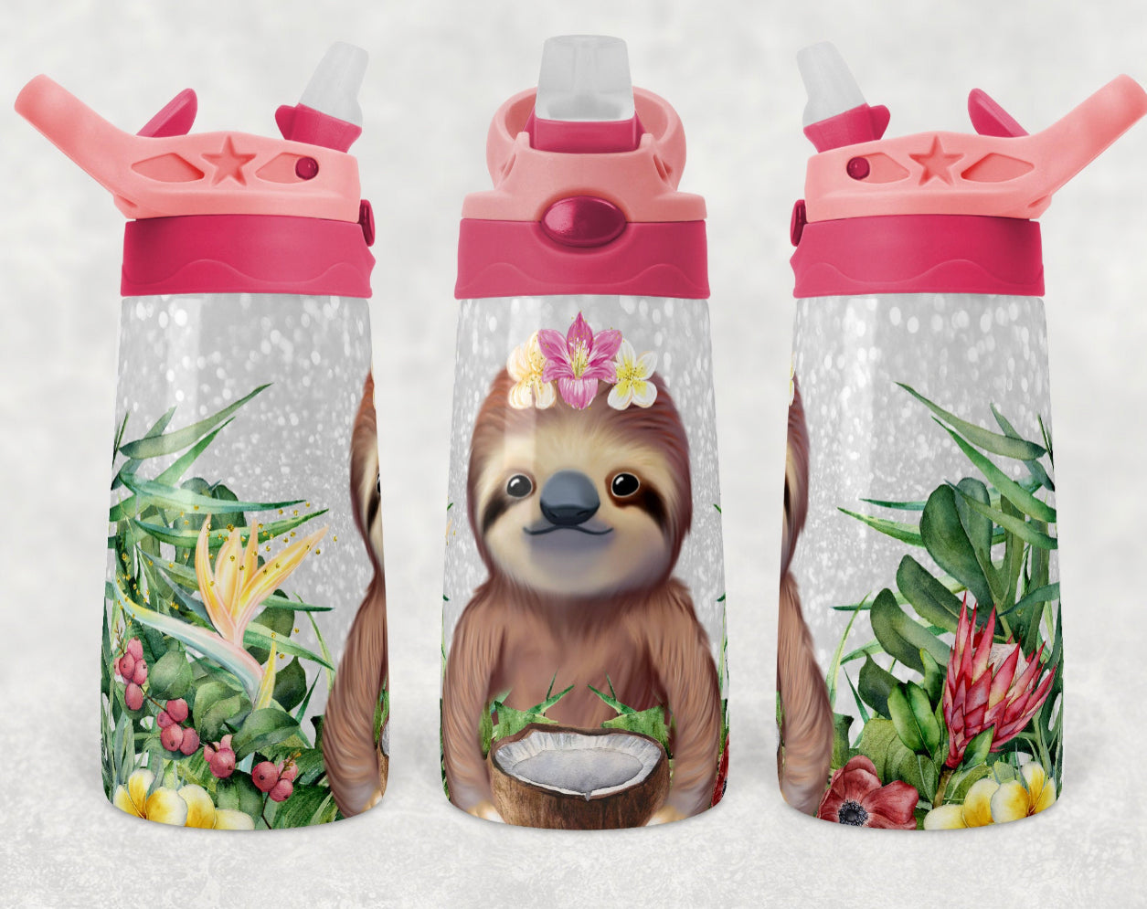 Sloth with Flowers - 12oz Kids Flip Cup water Bottle Tumbler
