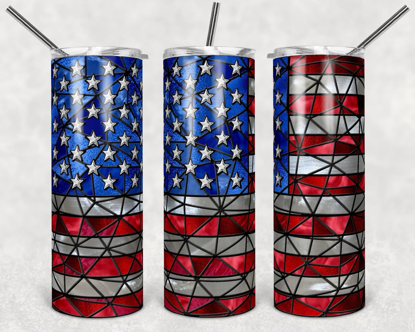Stained Glass American Flag - 20 oz or 30oz Skinny Tumblers w/ Lid and Metal Straw