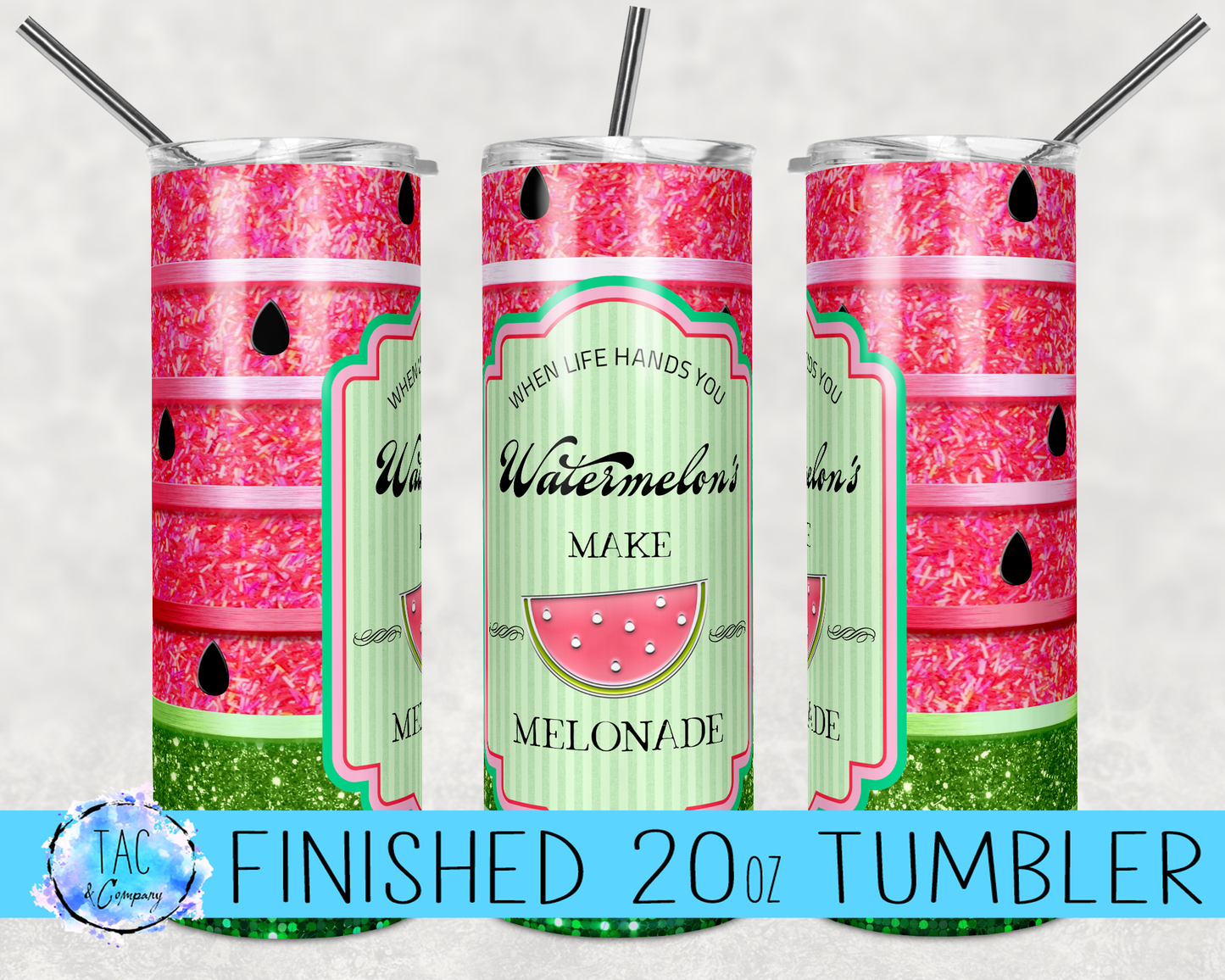 Pink Stripe Seed Melonade- 20oz or 30oz Skinny Tumblers w/ Lid and Metal Straw