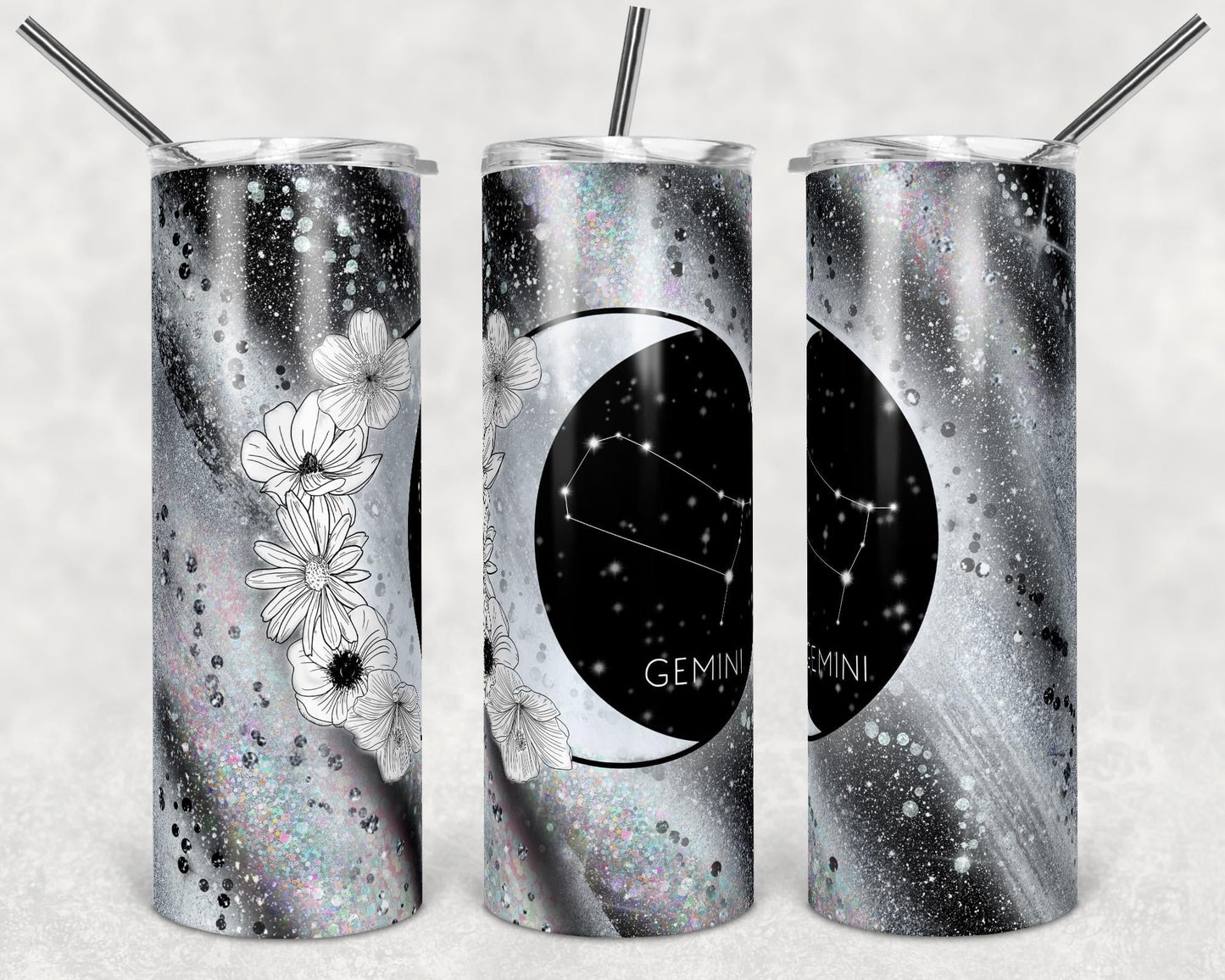 Gray Zodiac Sign- 20oz or 30oz Skinny Tumblers w/ Lid and Metal Straw